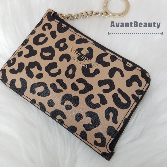 Kate Spade New York Darcy L-zip Key Chain Wallet Card Holder Brown Leopard Black - Picture 2 of 7